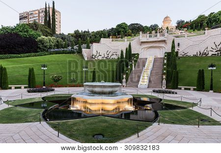 Haifa, Israel, July 04, 2019 : Sunset View From The Lower Entrance To The Bahai Garden In Haifa City