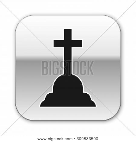 Black Tombstone With Cross Icon Isolated On White Background. Grave Icon. Silver Square Button. Vect