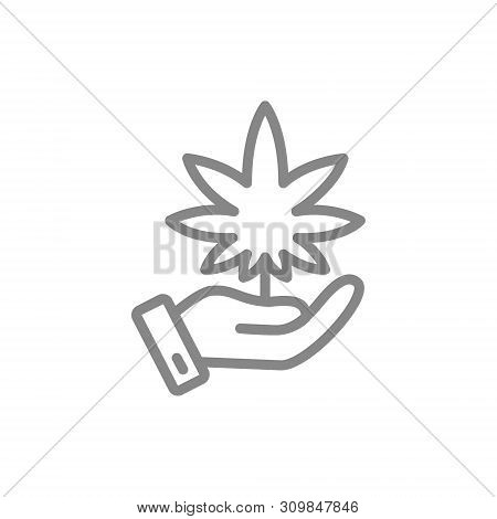 Hand With Cannabis Leaf, Medical Care, Growing Line Icon.