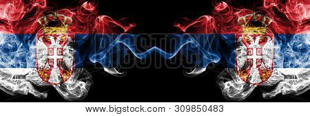 Serbia Vs Serbia, Serbian Smoky Mystic Flags Placed Side By Side. Thick Colored Silky Smokes Combina