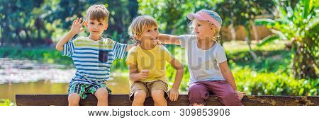 Children Rest During A Hike In The Woods Banner, Long Format