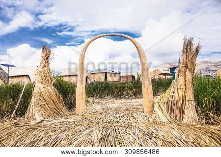 Uros, Peru - Jan 5, 2019. Entance gate of Uros floating islands on Titicaca lake in Puno, Peru, South America.