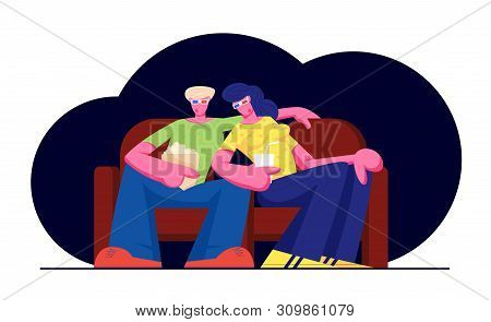 Young Loving Couple Watch Movie In Cinema With Popcorn And Beverages. Characters In 3d Glasses Sitti