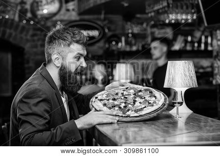Man Received Delicious Pizza. Cheat Meal Concept. Pizza Favorite Restaurant Food. Fresh Hot Pizza Fo