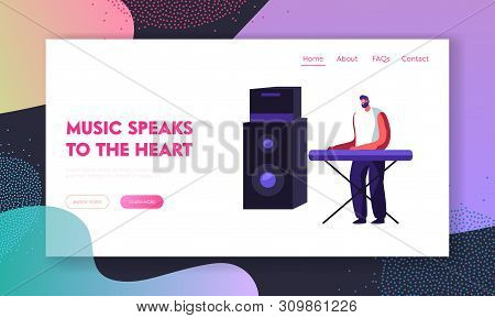 Musician Performing On Stage Playing Electric Piano Or Synthesizer With Huge Dynamic. Man Artist Pla