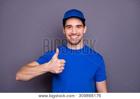 Close Up Photo Express Specialist He Him His Beaming Toothy Self-confident Person Order Offer Custom