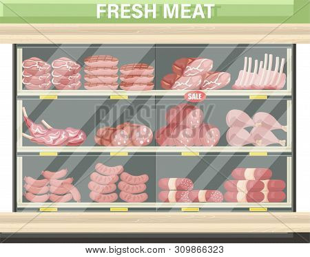 Meat Set Stands Shopping Vector. Pastrami, Salami And Saussage Flat Styles