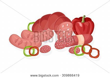 Meat Set Vector. Pastrami, Salami And Saussage Flat Styles