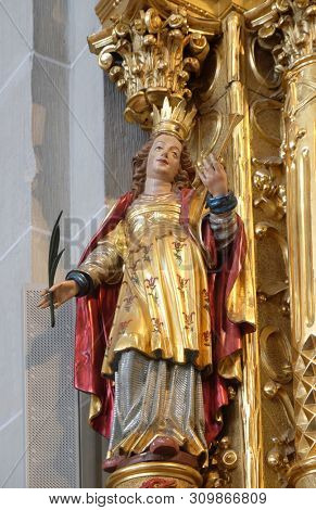 LUCERNE, SWITZERLAND - JUNE 24, 2018: Statue of Saint, Saint Nicholas altar in the church of St. Leodegar in Lucerne, Switzerland
