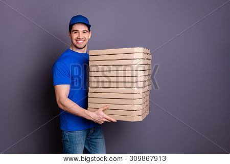 Close Up Side Profile Photo Amazing Specialist He Him His Deliveryboy Hold Strong Arms Many Parcel B
