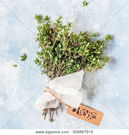 A Bunch Of Fresh Thyme Wrapped In Paper, Thym In French, Square