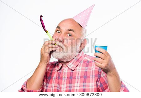 Ideas Seniors Birthday Celebrations. Elderly People. Man Bearded Grandpa With Birthday Cap And Drink
