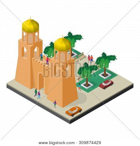 Cityscape In Isometric View. Fortress Wall, Towers, Arboretum, Cars And People.