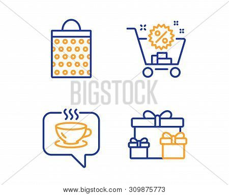 Shopping Cart, Coffee And Shopping Bag Icons Simple Set. Surprise Boxes Sign. Discount, Cafe, Paper 