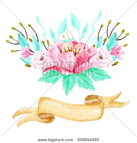 Watercolor Boho Floral Bouquets. Watercolour Bohemian Natural Frame: Leaves, Flowers, Isolated On Wh