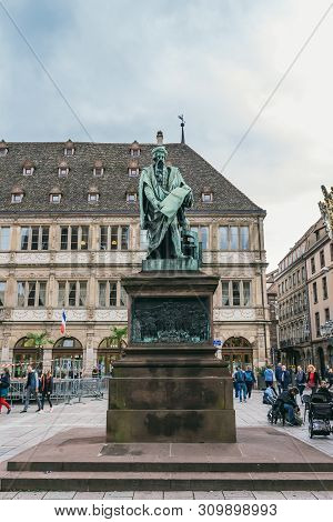 Strasbourg, France - July 26, 2017. Monument To Printer Johann Guttenberg In Strasbourg
