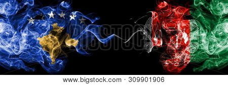 Kosovo Vs Afghanistan, Afghani Smoky Mystic Flags Placed Side By Side. Thick Colored Silky Smokes Co