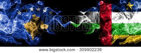 Kosovo Vs Central African Republic Smoky Mystic Flags Placed Side By Side. Thick Colored Silky Smoke
