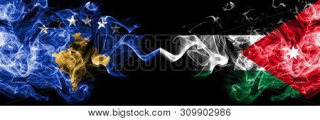 Kosovo Vs Jordan, Jordanian Smoky Mystic Flags Placed Side By Side. Thick Colored Silky Smokes Combi