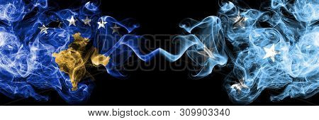 Kosovo Vs Micronesia, Micronesian Smoky Mystic Flags Placed Side By Side. Thick Colored Silky Smokes