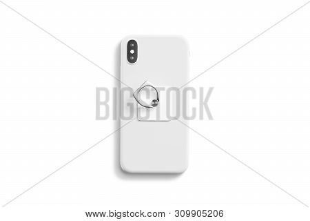 Blank White Fingergrip Sticked On Cellphone Mock Up, Isolated, Top View, 3d Rendering. Empty Popgrip