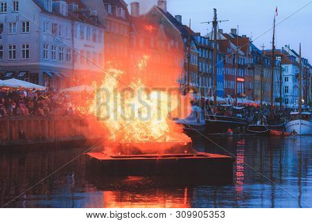 Copenhagen, Zealand Denmark - June 23 2019: Burning The Witch On Bonfire The Middle Of Nyhavn Canal 