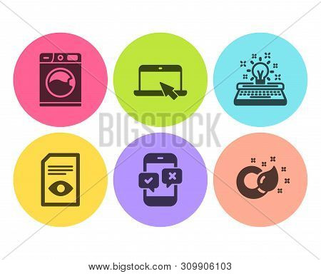 Portable Computer, Typewriter And Phone Survey Icons Simple Set. Washing Machine, View Document And 