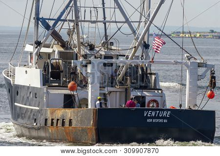 New Bedford, Massachusetts, Usa - July 3, 2019: Scalloper Venture Leaves New Bedford On Summer Morni