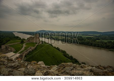 Danube, Bratislava, Slovakia: Beautiful Landscape With Devin Castle, Mountais And Danube River.