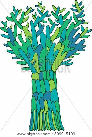 Cartoon Doodle Tree Illustration. Hand Drawn Colorful Green Sketch. Isolated Element. Vector Artwork