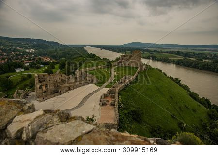 Bratislava, Slovakia: Beautiful Landscape With Devin Castle, Mountais And Danube River.