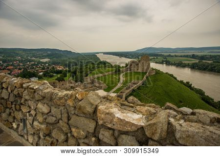 Bratislava, Slovakia: Beautiful Landscape With Devin Castle, Mountais And Danube River.