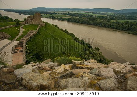 Bratislava, Slovakia: Beautiful Landscape With Devin Castle, Mountais And Danube River.