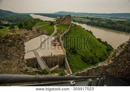 Bratislava, Slovakia: Beautiful Landscape With Devin Castle, Mountais And Danube River.