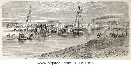 Napoleon Prince Imperial arrival in Ismailia, Egypt. Created by Godefroy-Durand after Barry, published on L'Illustration, Journal Universel, Paris, 1863