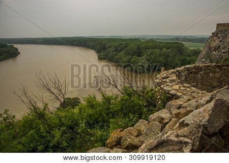 Danube, Bratislava, Slovakia: Beautiful Landscape With Devin Castle, Mountais And Danube River.