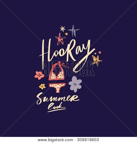 Summer Starter Pack Clothing. Two Piece Swimsuit. Handdrawn Cute Lettering Text. Vector.