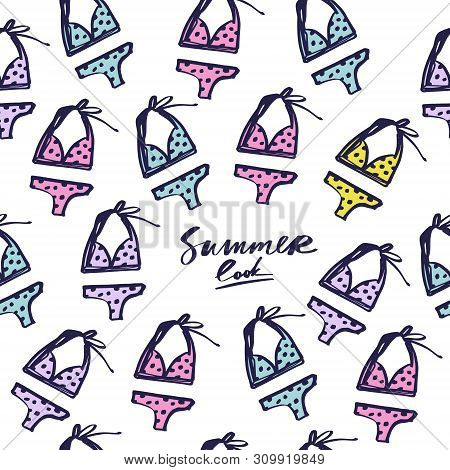 Summer Bikini Seamless Pattern. Two Piece Swimsuit. Handdrawn Cute Lettering Text. Vector.