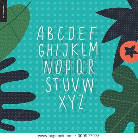 Vector Handwritten Uppecase Latin Alphabet On The Background Decorated With Leaves On Geometric Seam