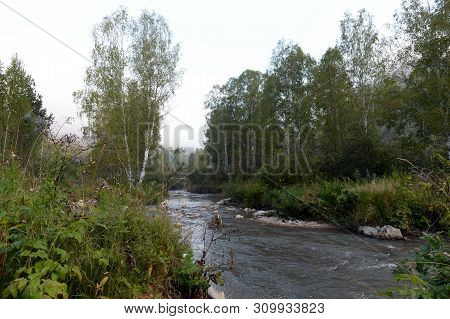 Early Morning On A Mountain River Yarovka In Western Siberia. Altai Territory. Russia
