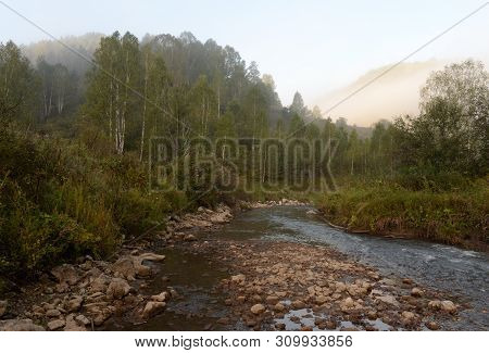 Early Morning On A Mountain River Yarovka In Western Siberia. Altai Territory. Russia