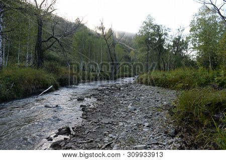 Early Morning On A Mountain River Yarovka In Western Siberia. Altai Territory. Russia