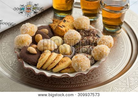 Traditional Moroccan festive homemade cookies and tea