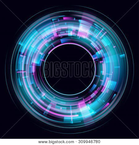Abstract Glowing Circles On Black Background. Magic Circle Light Effects. Illustration Isolated On D