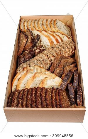 Assortment Cut Bread Carton Delivery Box Isolated On White Background. Traditional Classic Variety G
