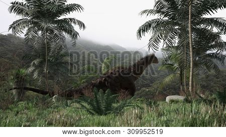 3d rendering of the walking giant alamosaurus dinosaur