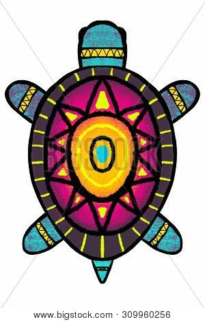 Bright Multi-colored Turtle, A Tortoise Painted In African Style- Illustration