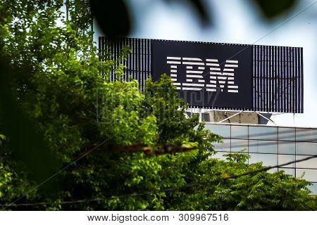 Bucharest, Romania -  June 06, 2019: The Ibm Logo Is Seen On The Top Of The Ibm Gdc Romania Headquar
