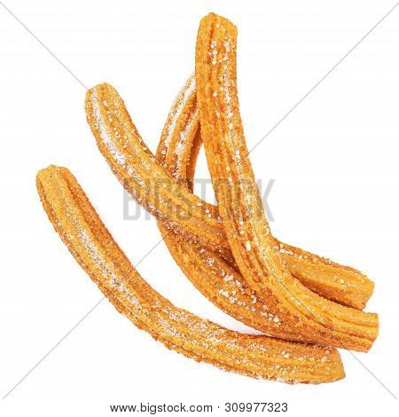 Churros Isolated On White Background. Traditional Spanish Snack - Churro. Top View
