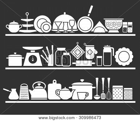 Kitchen Shelves With Utensils For Cooking Modern Silhouette Icons Home Tableware